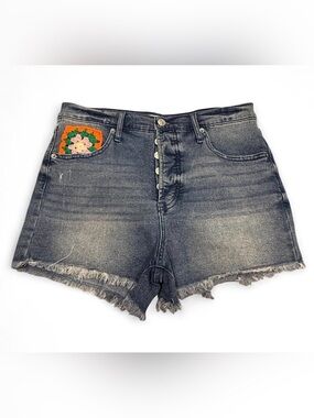 Jessica Simpson Blue Washed Denim Shorts with Colorful Crochet Pocket